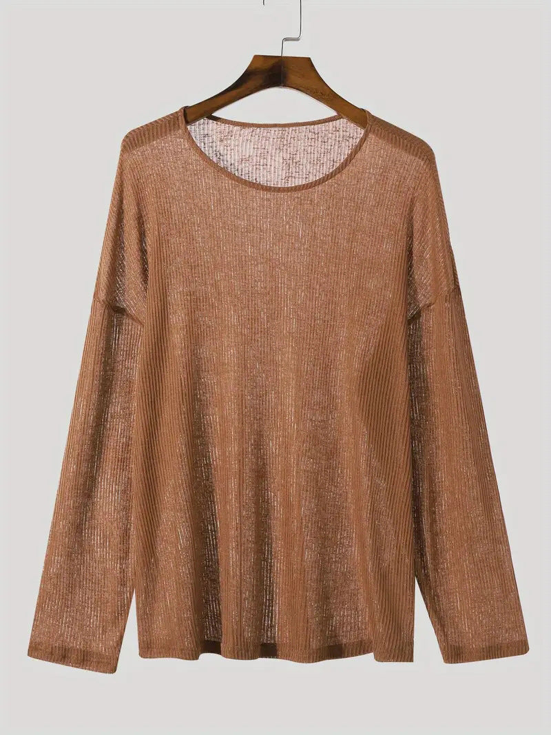 Ladies fall loose long sleeve fine knit shirt with fine ribbed pattern and round neck StylebySassy