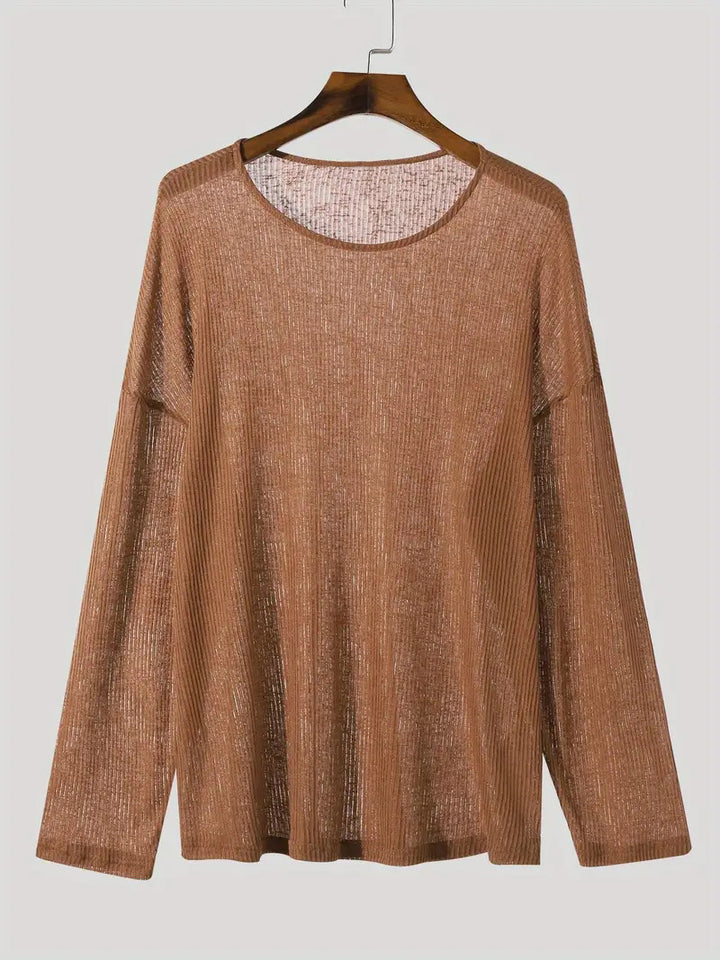 Ladies fall loose long sleeve fine knit shirt with fine ribbed pattern and round neck StylebySassy