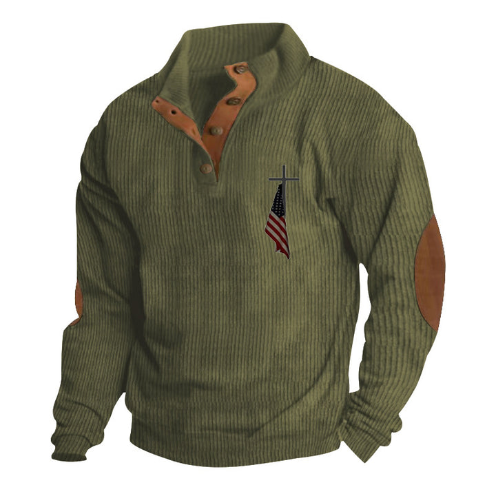 Men's structured troyer with faux leather elbow patches, V-button placket, and discreet emblem StylebySassy