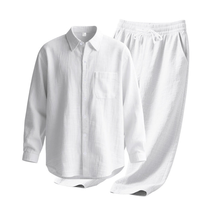 Men's light house suit made of cotton gauze with kent collar shirt, breast pocket and drawstring pants StylebySassy