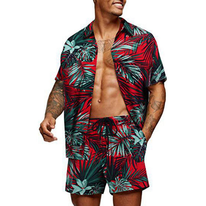 Men's tropical short sleeve shirt and swim shorts set with lapel collar, drawstring, and practical side pockets StylebySassy