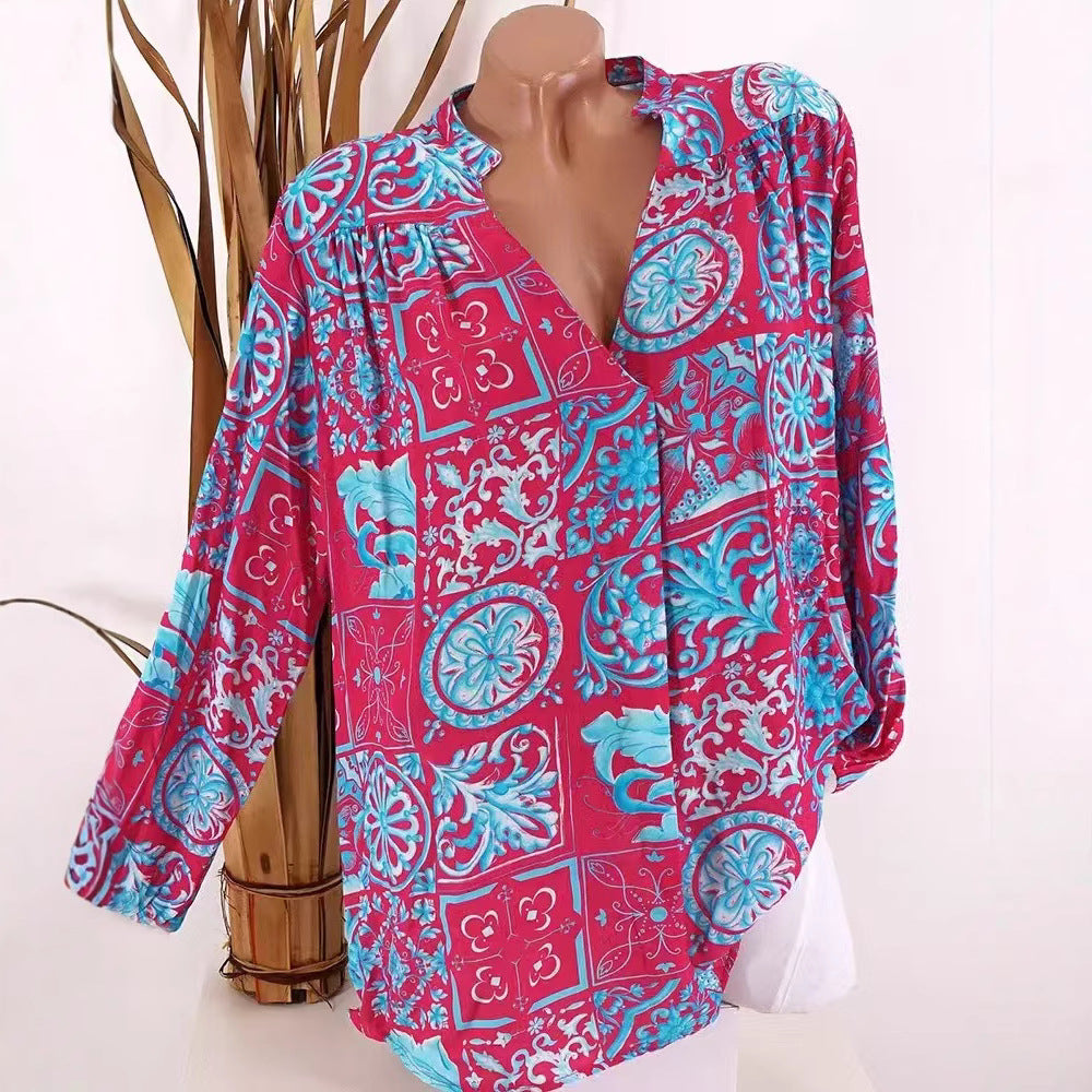Ladies Viscose Tunic Blouse with V-Neck, Stand Collar and Gathered Shoulders StylebySassy