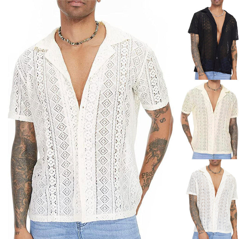 Men's airy crochet knit polo with open V-neck and Kent collar StylebySassy