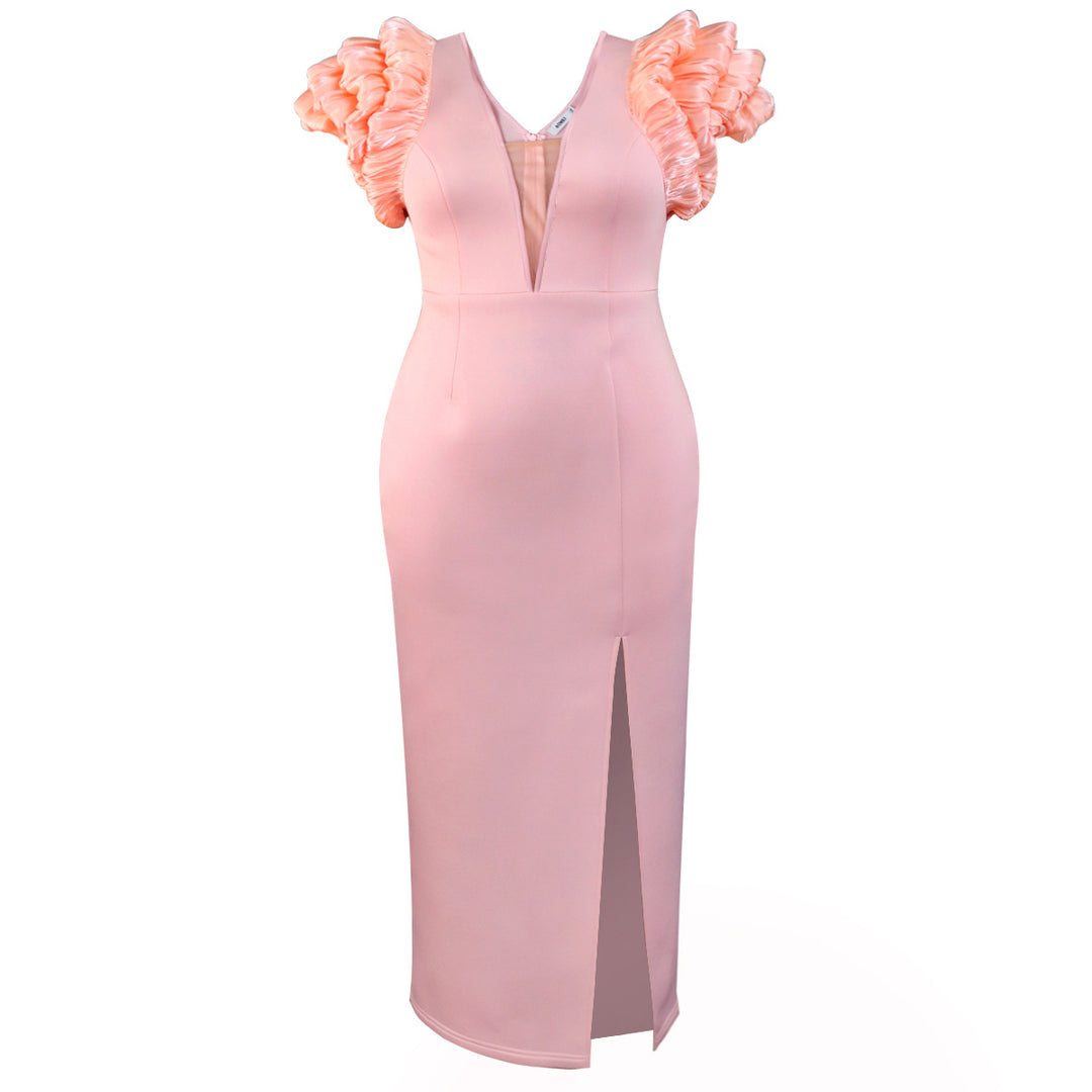 Women’s maxi dress with extravagant ruffle and deep V-neck StylebySassy