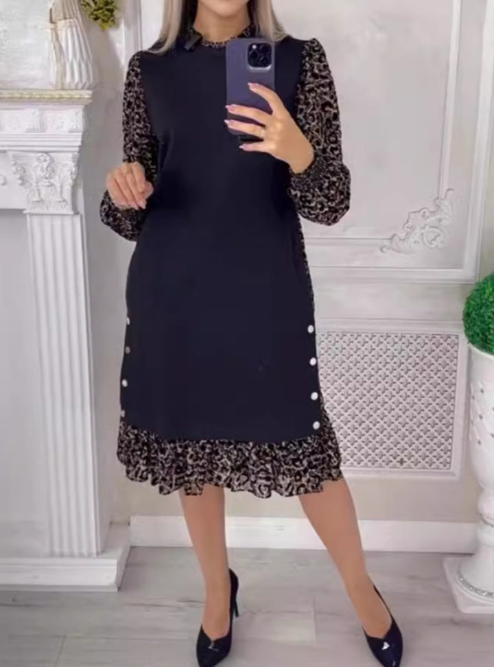 Women's two-layer chiffon midi dress with transparent animal print sleeves, ruffled hem and side button placket StylebySassy