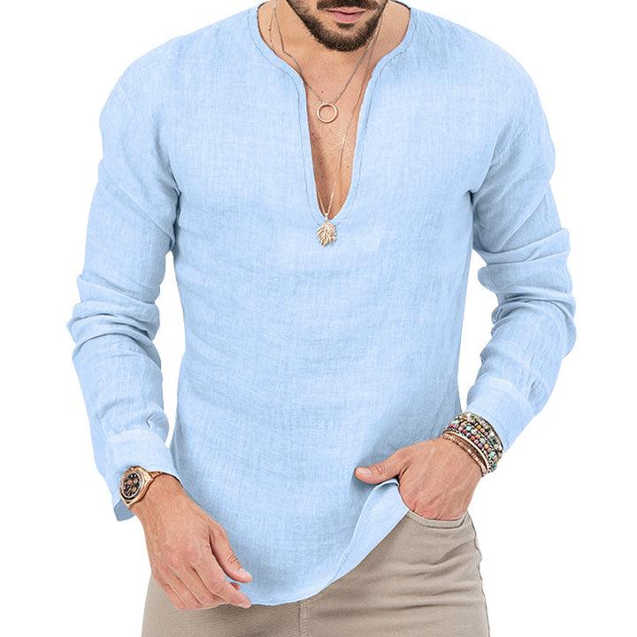 Men's relaxed linen tunic shirt with open slit collar and rounded hem StylebySassy
