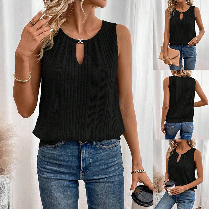 Women's lightly ribbed sleeveless knit top with slit detail and decorative closure StylebySassy