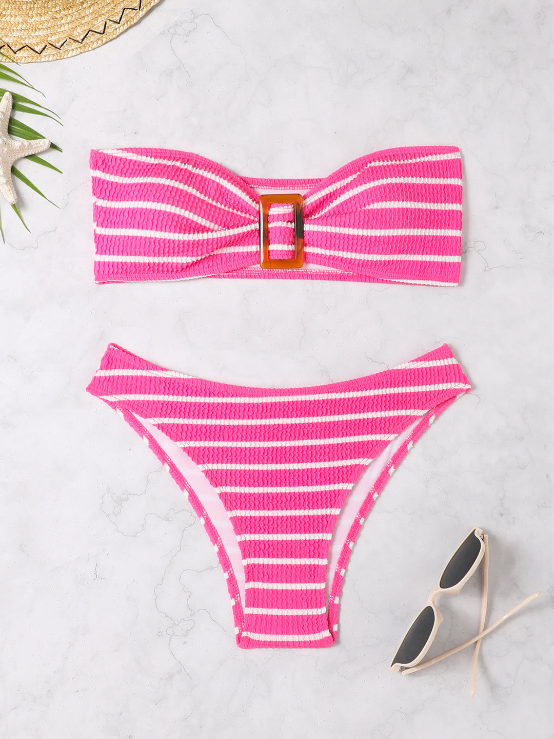 Women's bandeau bikini with a stylish striped pattern and decorative buckle StylebySassy