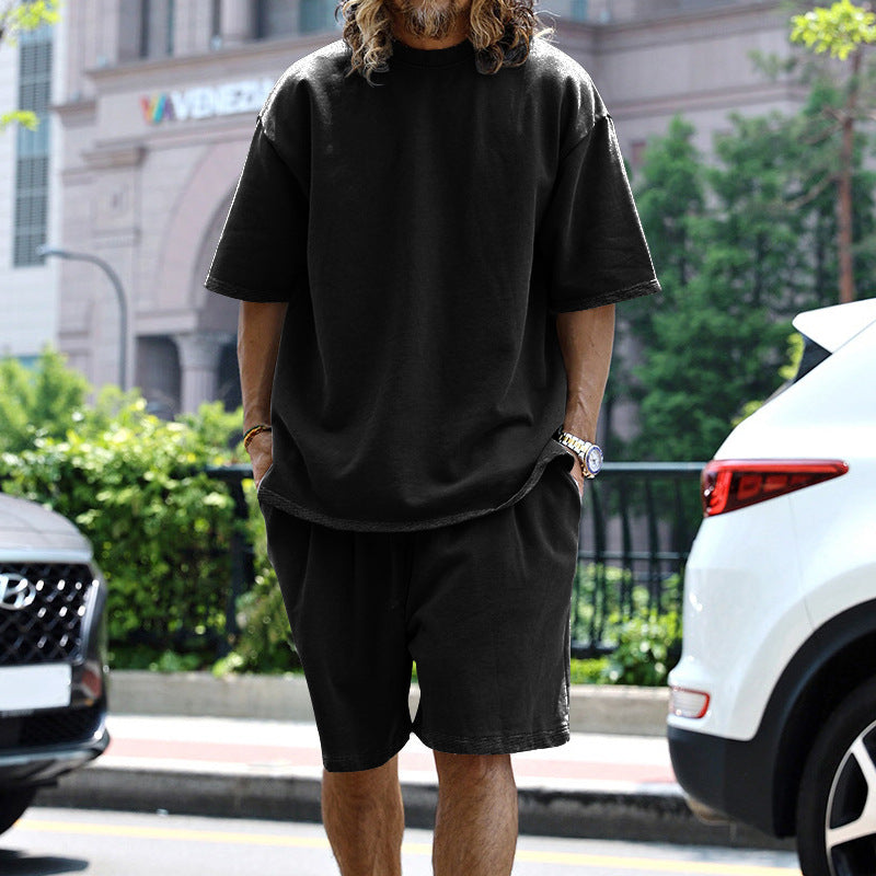 Men's casual short-sleeve shirt with loose sweat shorts made of heavy cotton jersey StylebySassy