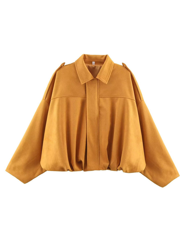 Women's loose short jacket with balloon hem, concealed closure and shoulder flaps StylebySassy