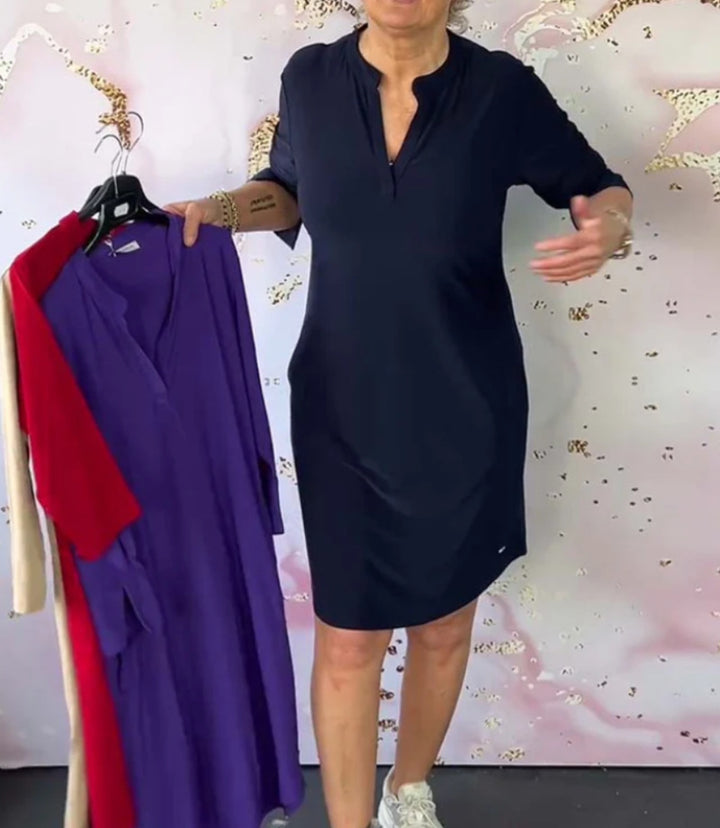 Women's navy knee-length shift dress made of elastic jersey with stand-up collar and V-neck StylebySassy