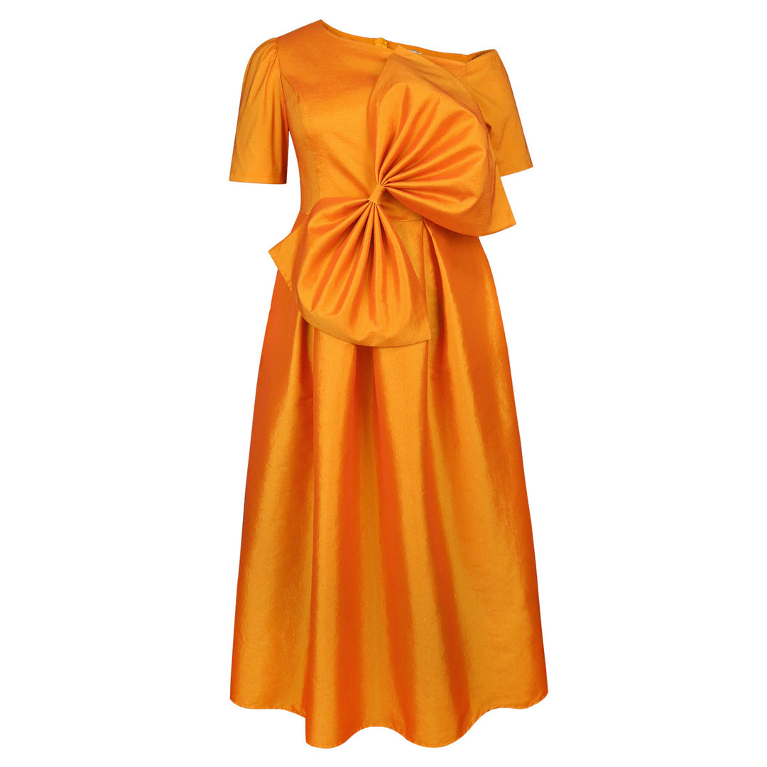 Women's festive evening dress with asymmetric neckline and voluminous draping element StylebySassy