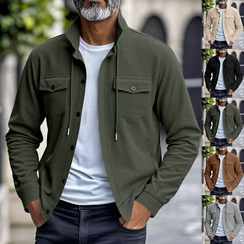 Men's functional cord shirt jacket with high stand collar, drawstring, and patch pockets StylebySassy