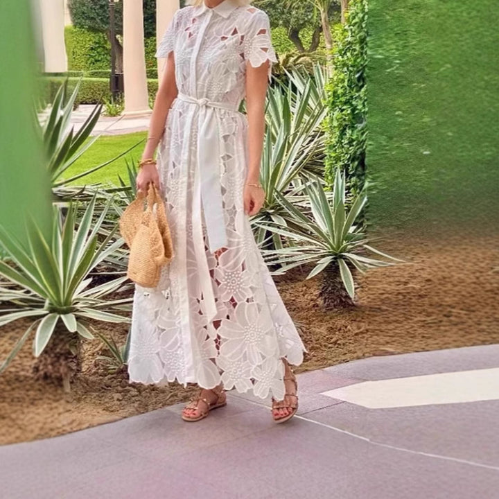 Women's long lace dress with shirt blouse collar, floral cut-out lace, and tie belt StylebySassy