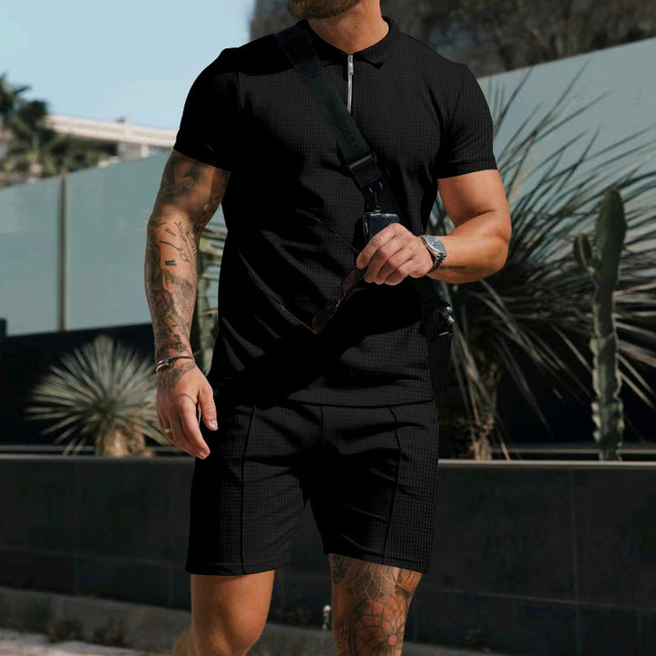 Men's casual polo shirt and chino shorts set with half zipper, textured jersey and subtle crease StylebySassy