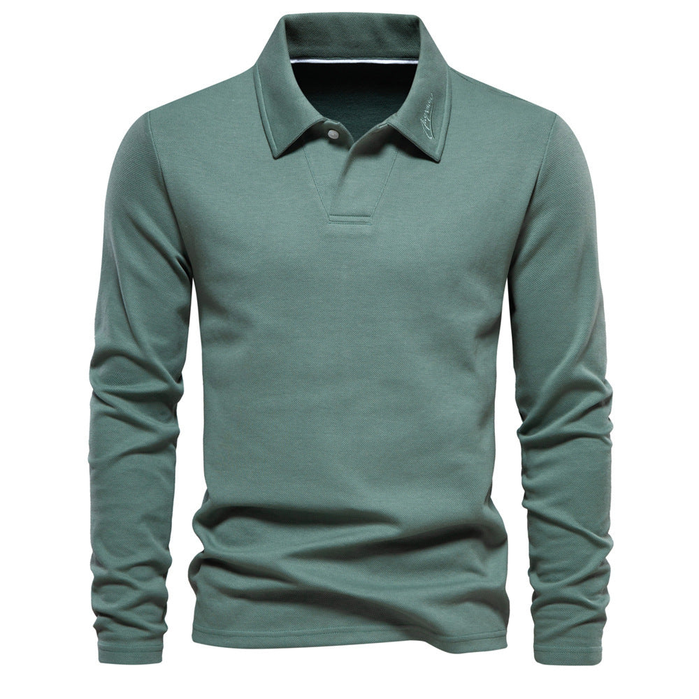Men's long-sleeved polo shirt with open V-neck, slim fit and tone-on-tone collar embroidery StylebySassy