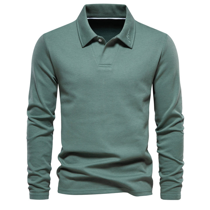 Men's long-sleeved polo shirt with open V-neck, slim fit and tone-on-tone collar embroidery StylebySassy