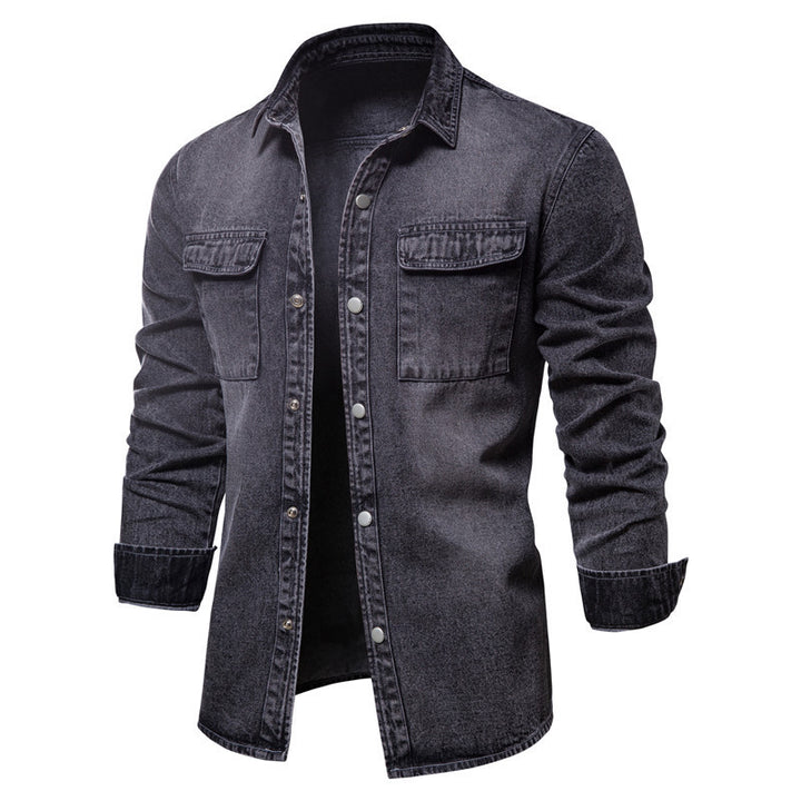 Men's casual jeans overshirt with snap button placket, patch chest pockets, and classic shirt collar StylebySassy