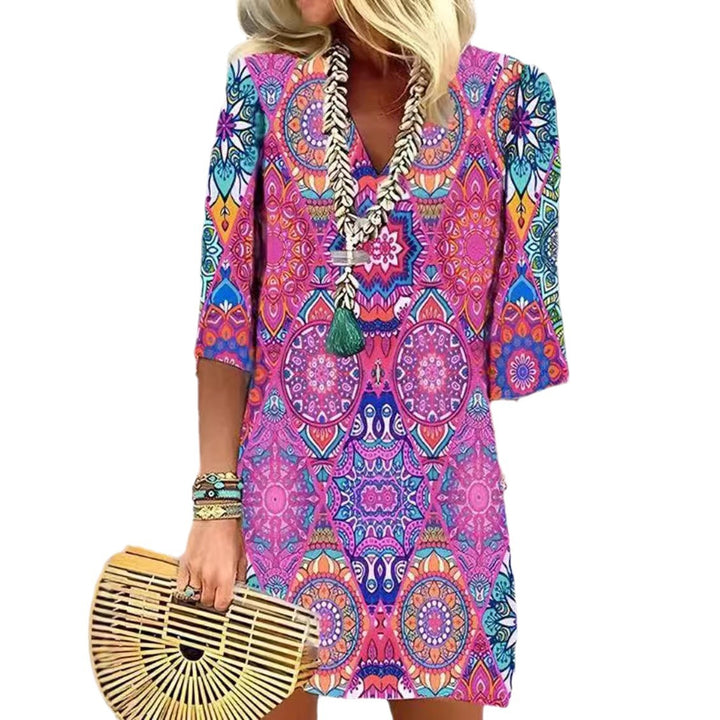 Women's short Boho tunic mini dress with V-neck, mandala all-over print and three-quarter sleeves StylebySassy