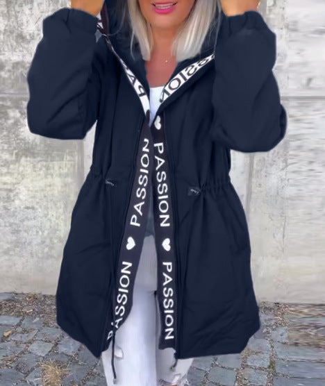 Women's Hooded Parka with Drawstring Waist and Logo Band Zipper StylebySassy