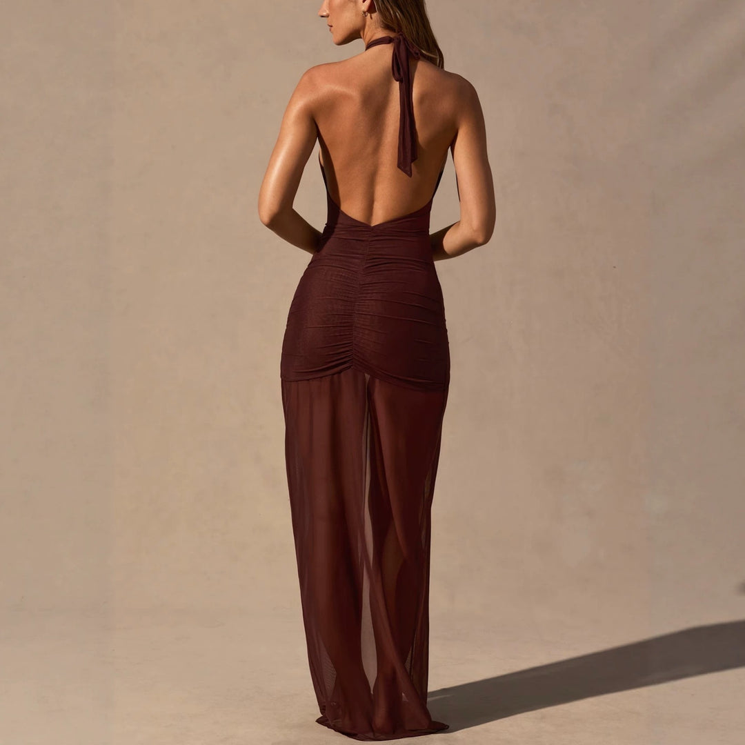 Women Elegant Cut-Out Maxi Dress with Asymmetrical Ruffles
