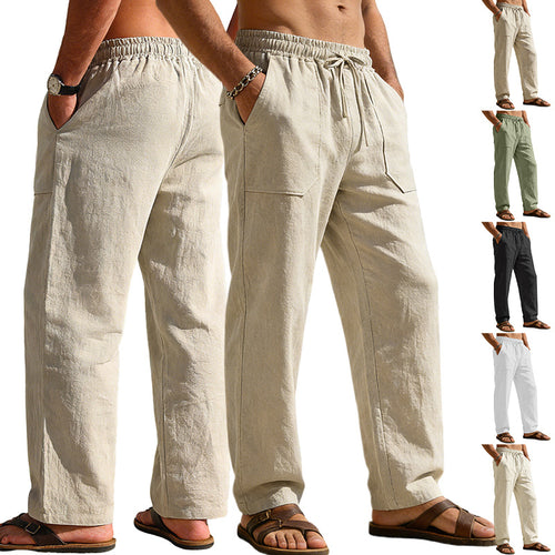 Men's wide Relaxed pants made of linen blend with drawstring waistband and patch leg pockets StylebySassy