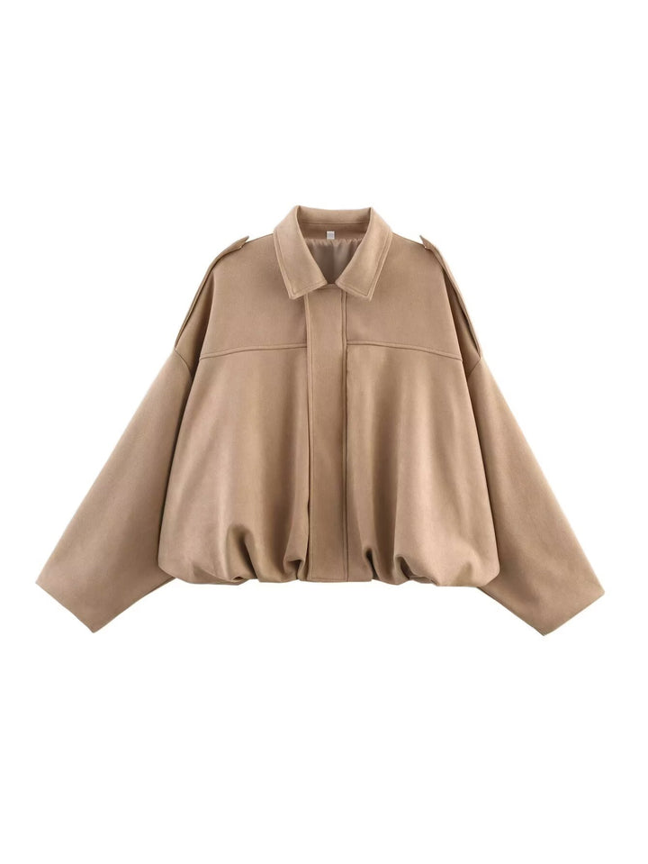 Women's loose short jacket with balloon hem, concealed closure and shoulder flaps StylebySassy