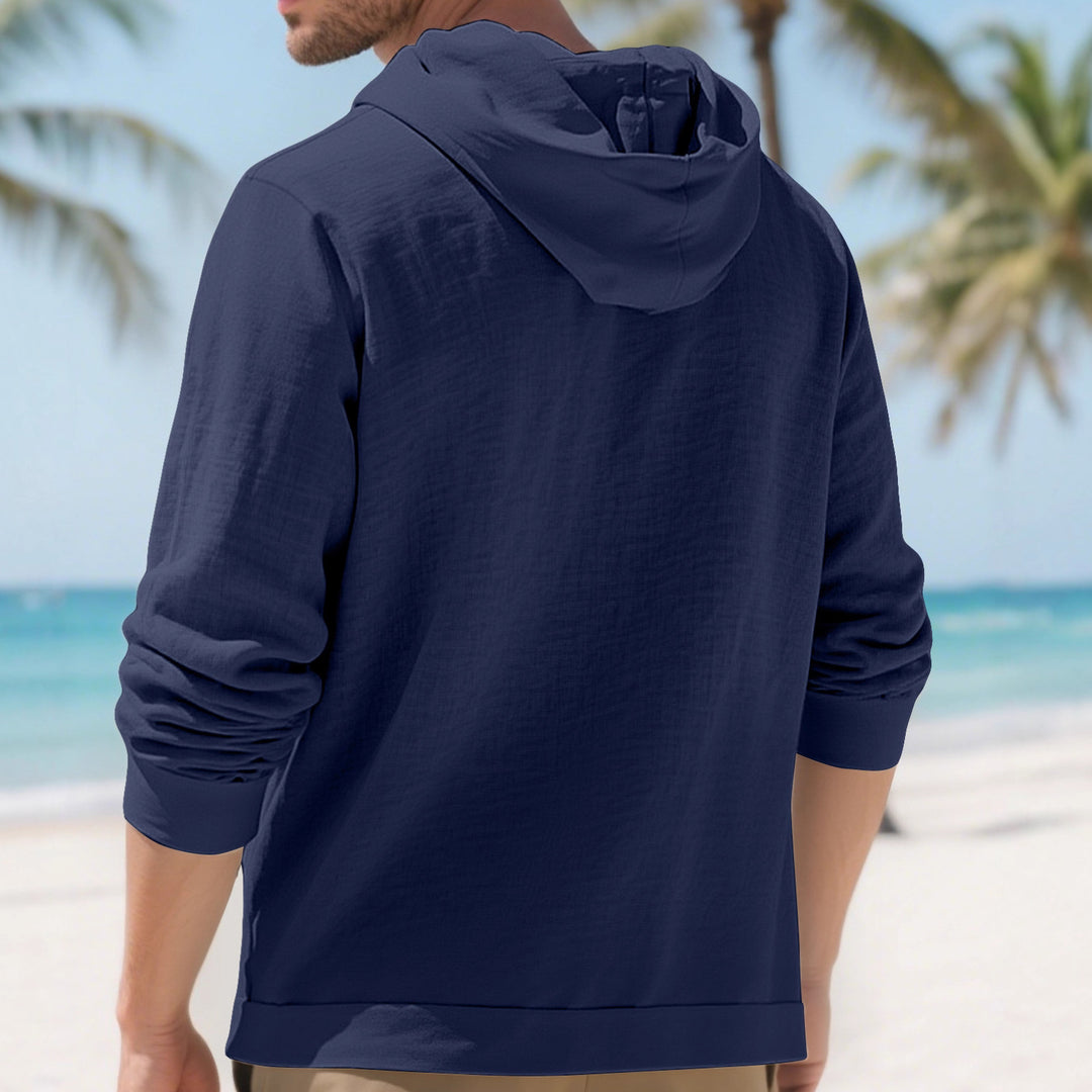 Men's lightweight hooded overshirt in crinkle look with wooden button placket and kangaroo pocket StylebySassy