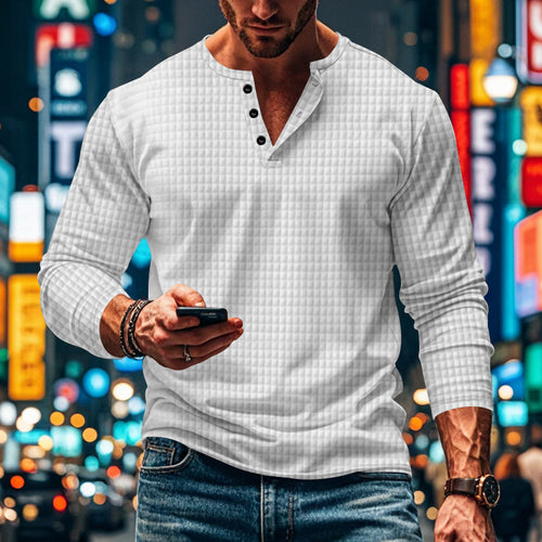 Men's fitted long-sleeve shirt with round neck button placket and waffle structure StylebySassy
