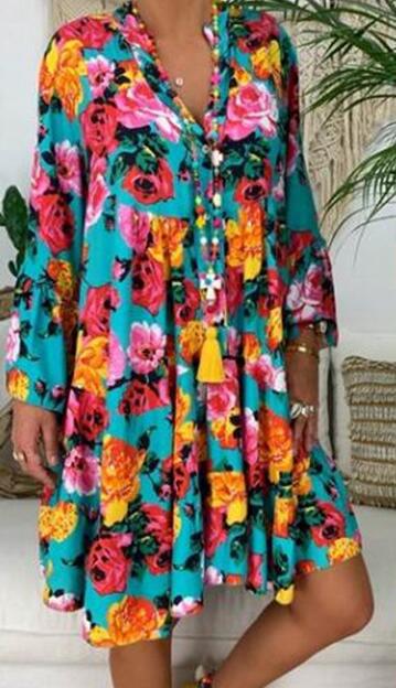 Women's A-line tunic mini dress with V-neck, tiered ruffles, and Boho bandana print StylebySassy