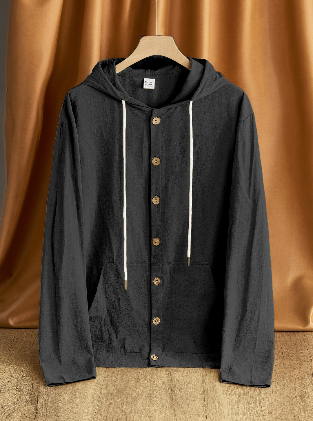 Men's lightweight hoodie jacket with button placket, kangaroo pocket, and drawstring StylebySassy