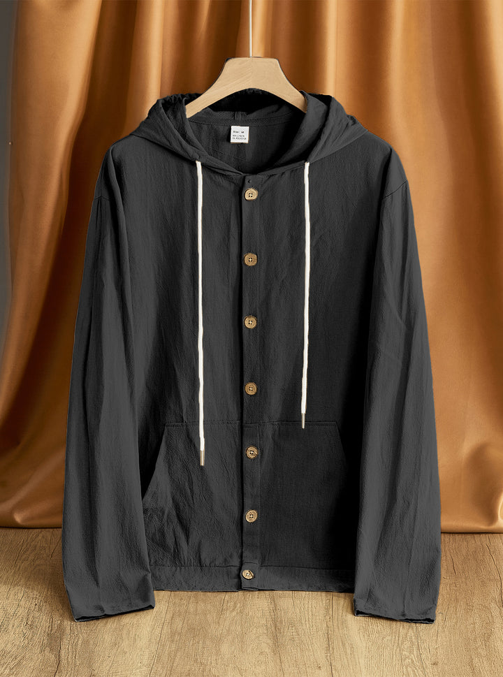 Men's lightweight hoodie jacket with button placket, kangaroo pocket, and drawstring StylebySassy
