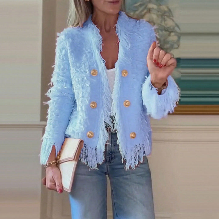 Women's short jacket with structured surface and decorative button row StylebySassy