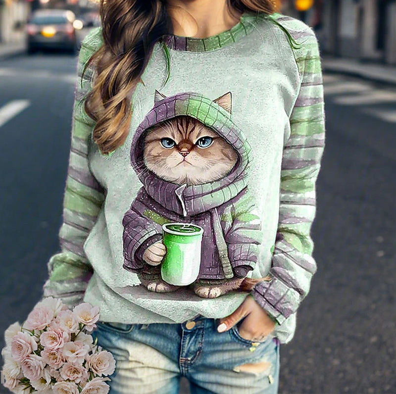 Women's casual sweatshirt with large kitten front print and striped raglan sleeves StylebySassy
