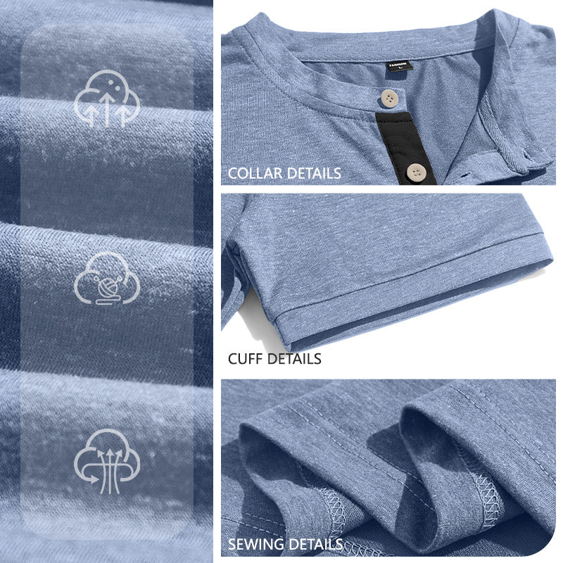 Men's structured cotton henley shirt with short stand-up collar button placket and chest pocket StylebySassy