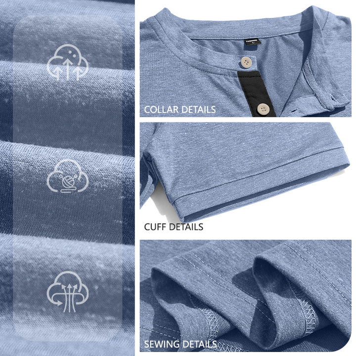 Men's structured cotton henley shirt with short stand-up collar button placket and chest pocket StylebySassy