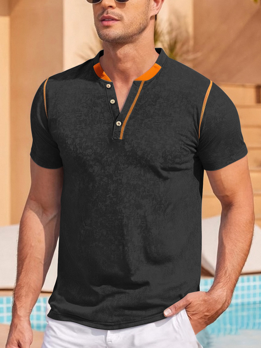 Men's casual short sleeve Grandad shirt with short button placket, contrast piping and washed soft structure StylebySassy