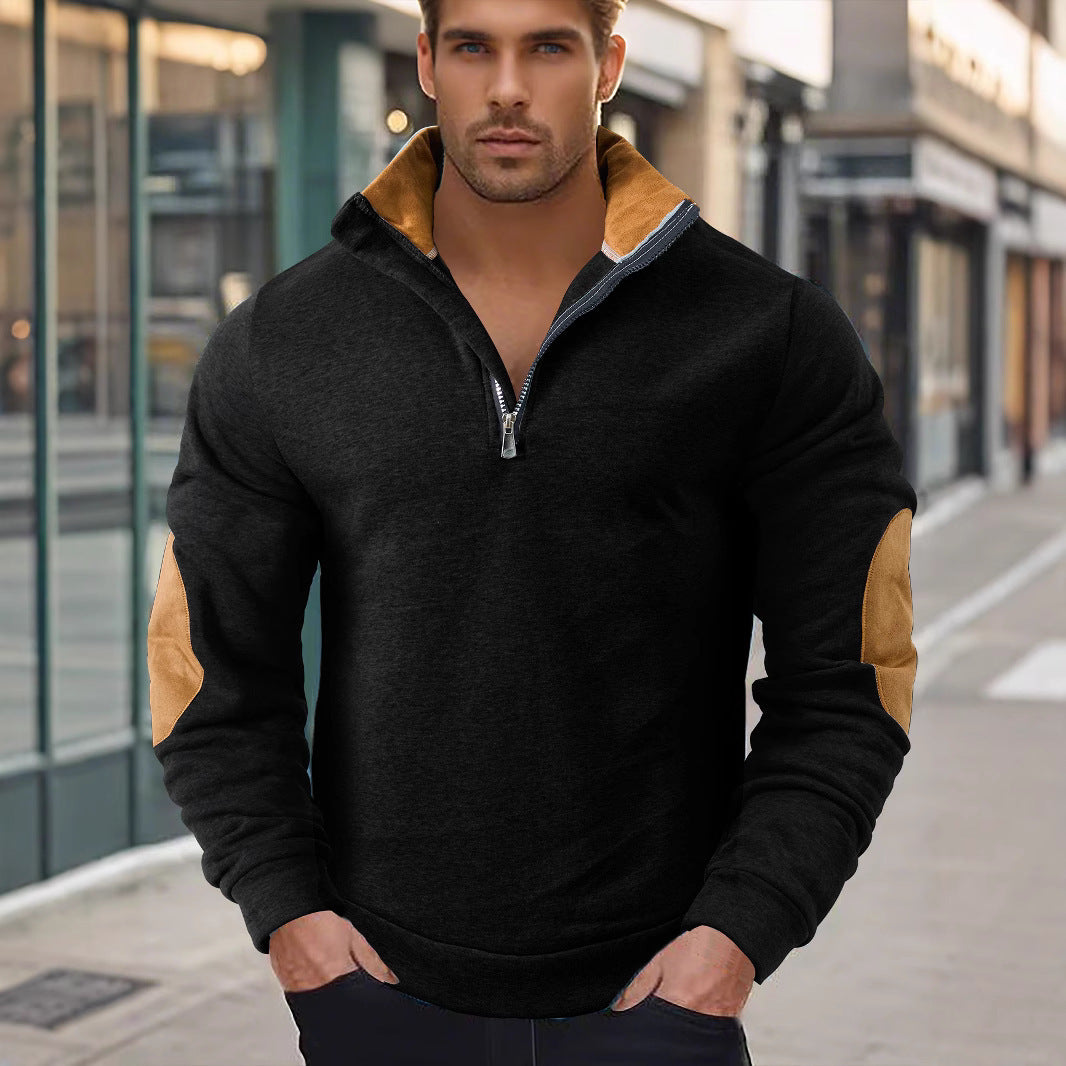 Men's short zip stand collar sweater with contrast collar and suede elbow patches StylebySassy
