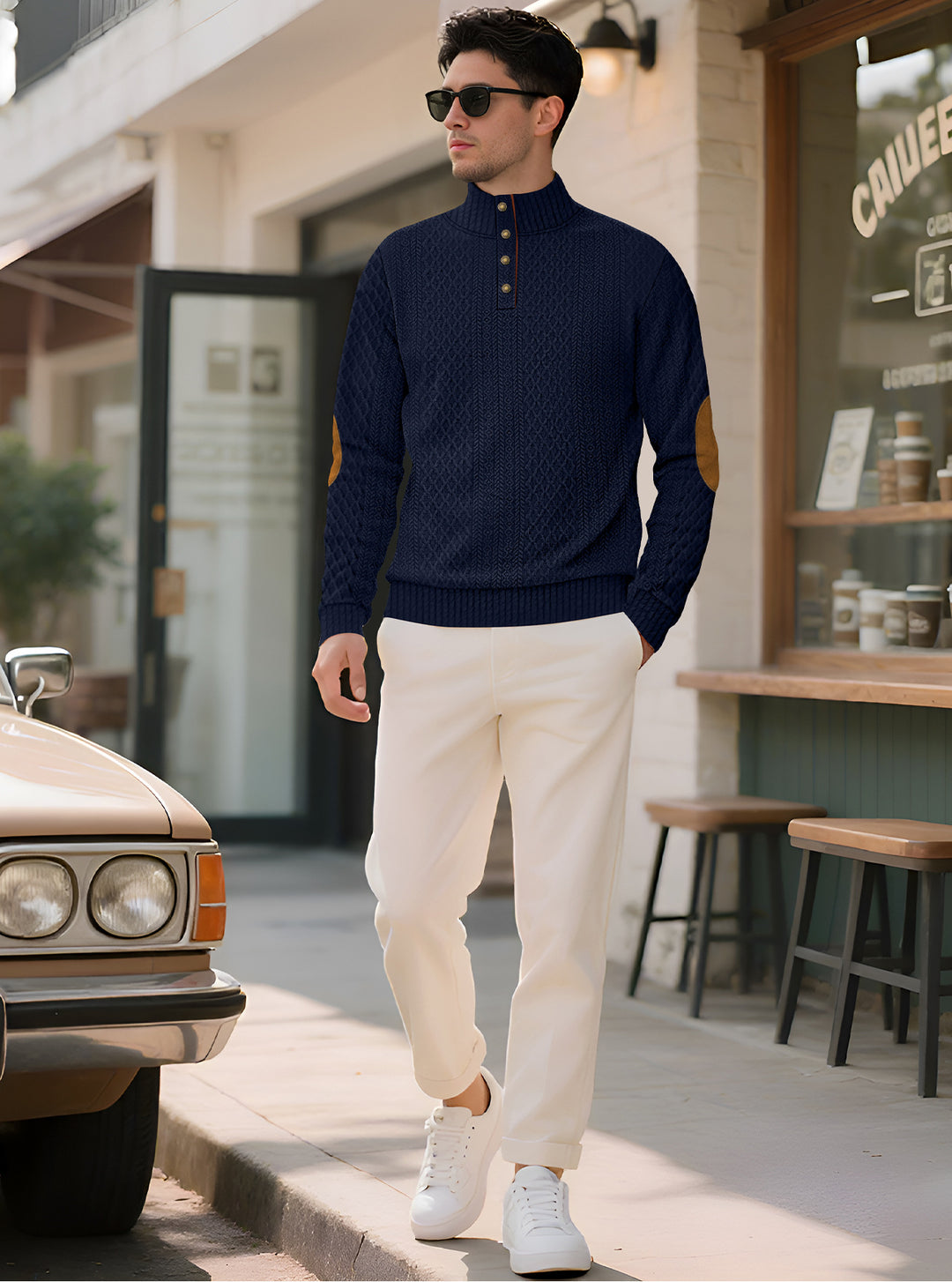 Men's noble button sweater in cable pattern with high stand-up collar and suede elbow patches StylebySassy