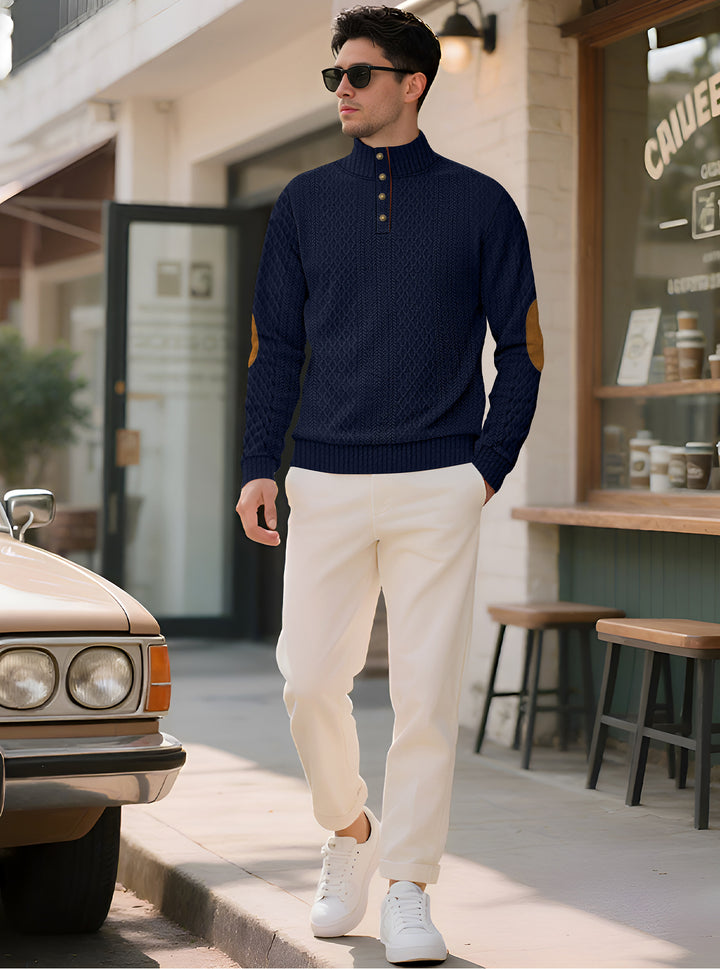 Men's noble button sweater in cable pattern with high stand-up collar and suede elbow patches StylebySassy