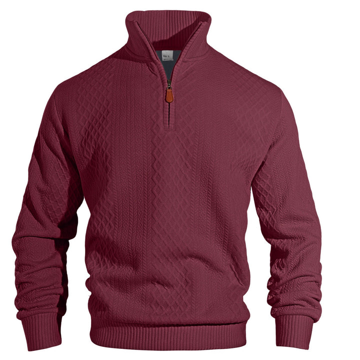 Men's half-zip pullover in fine-structured jacquard relief with high stand-up collar and leather zipper StylebySassy
