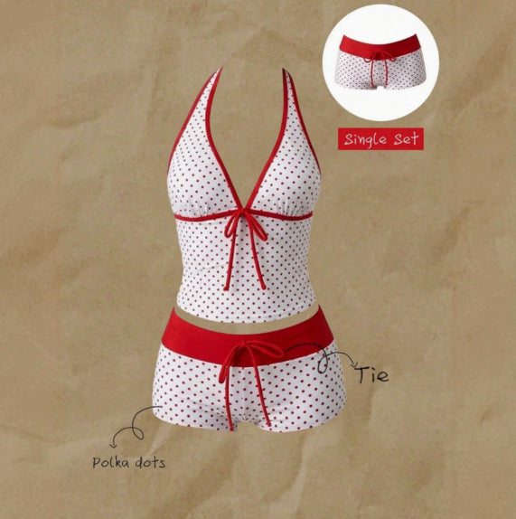 Women's tankini with fashionable polka dot pattern and adjustable halter StylebySassy