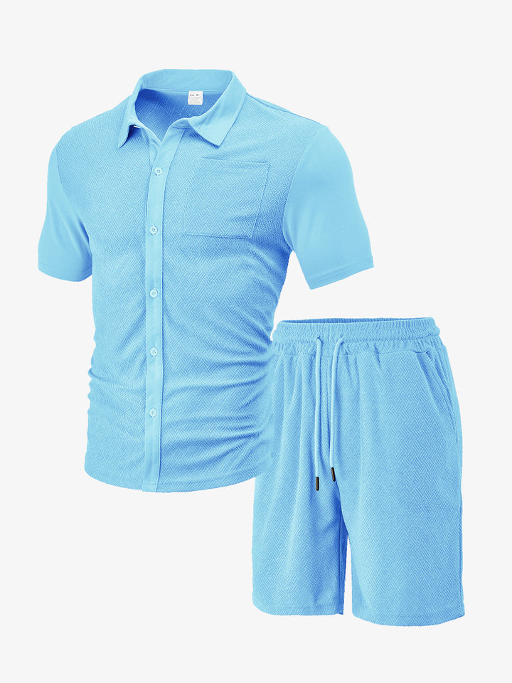 Men's buttoned leisure set with shirt collar herringbone structure chest pocket and drawstring shorts StylebySassy