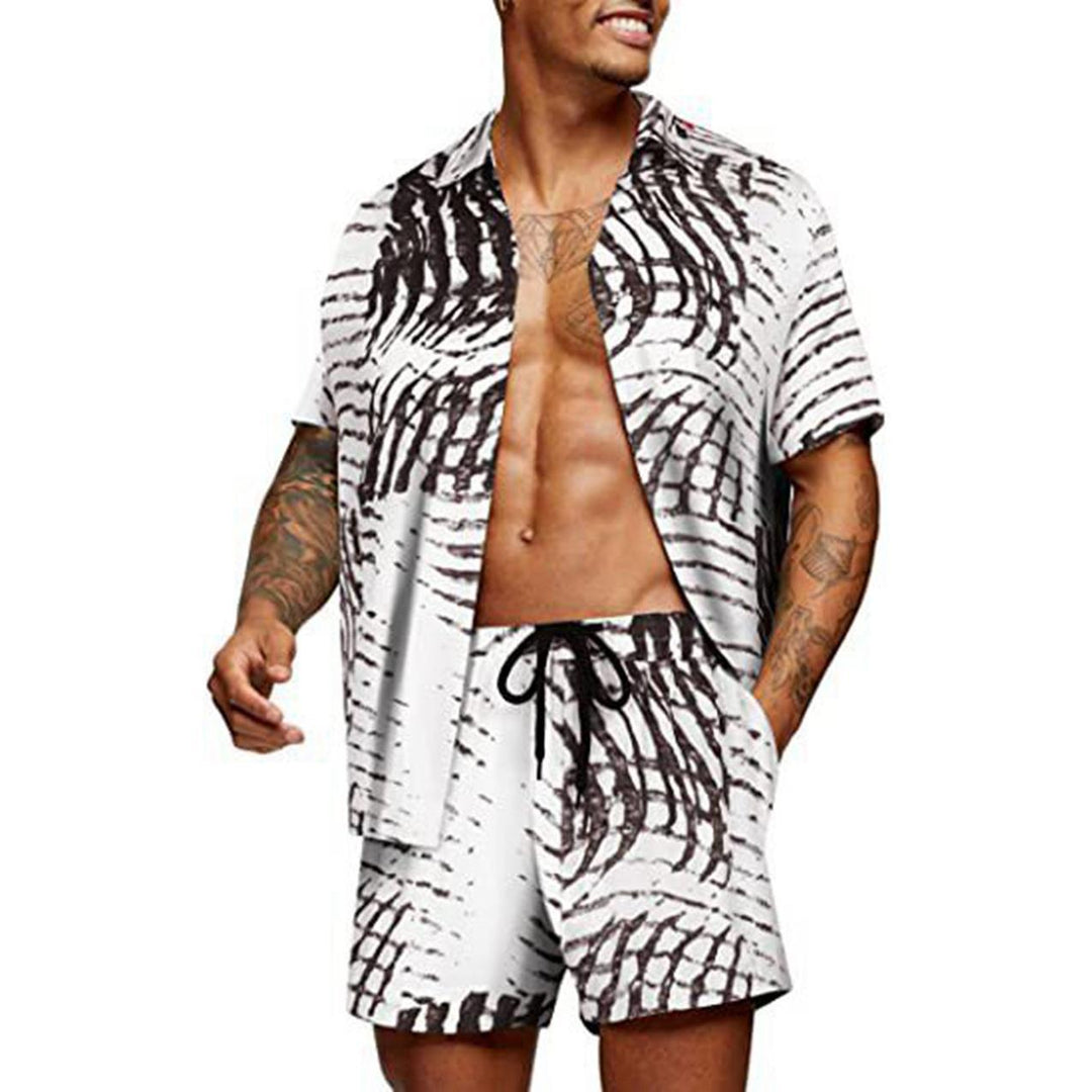 Men's tropical short sleeve shirt and swim shorts set with lapel collar, drawstring, and practical side pockets StylebySassy