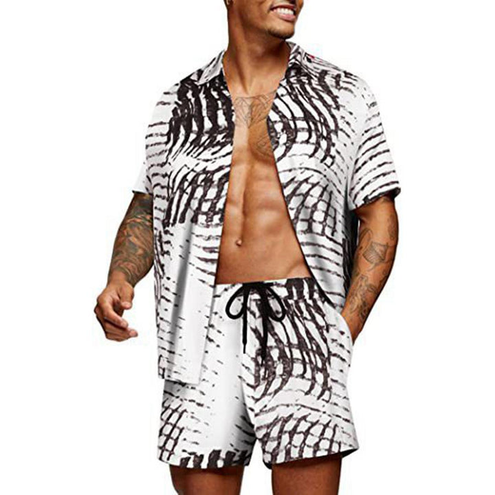 Men's tropical short sleeve shirt and swim shorts set with lapel collar, drawstring, and practical side pockets StylebySassy