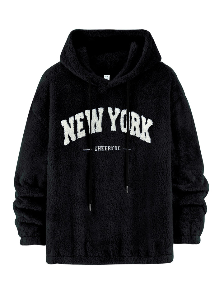 Unisex nan cozy plush hoodie with chenille logo, hood and elastic hem StylebySassy