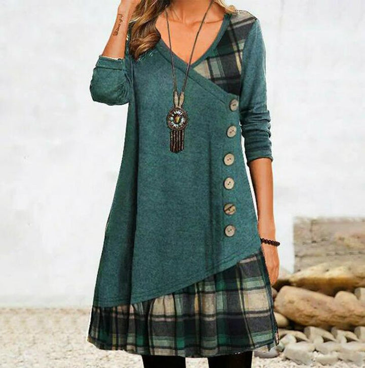 Women's asymmetrical V-neck tunic dress with decorative button placket and animal print trim StylebySassy