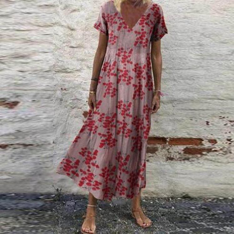 Women’s V-neck maxi dress with fine pleated skirt, empire bodice and short sleeves StylebySassy