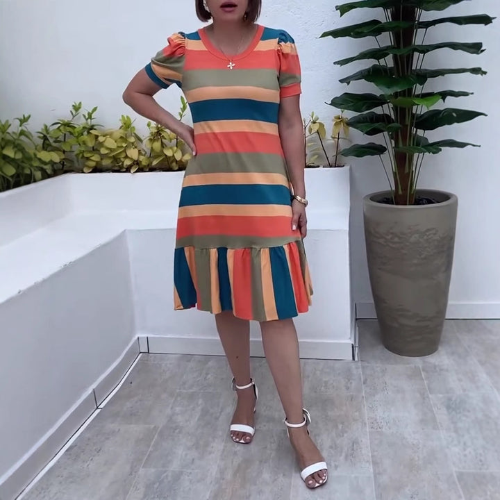 Women's striped jersey dress A-line cut with short puff sleeves and ruffle hem StylebySassy
