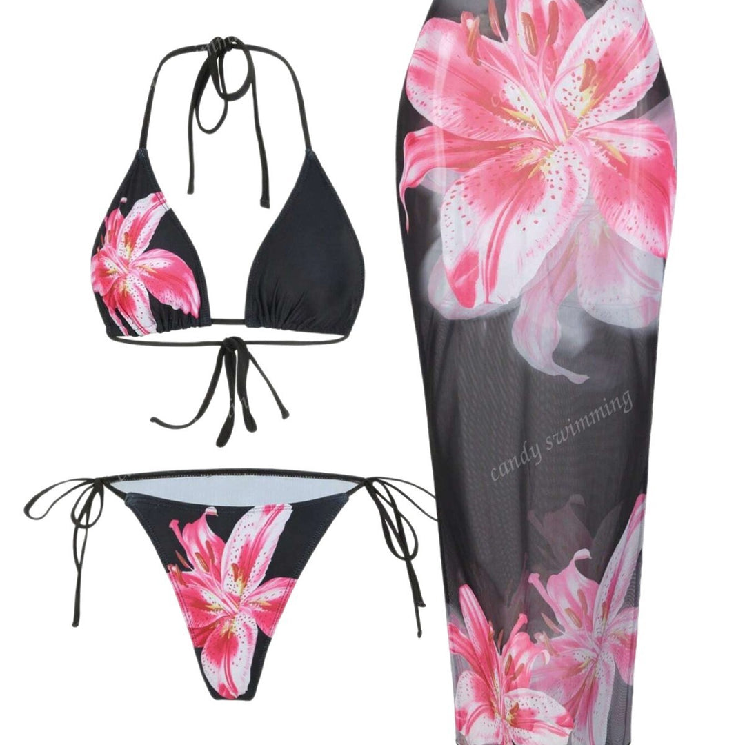 Women's triangle bikini set with floral patterns and transparent maxi skirt StylebySassy